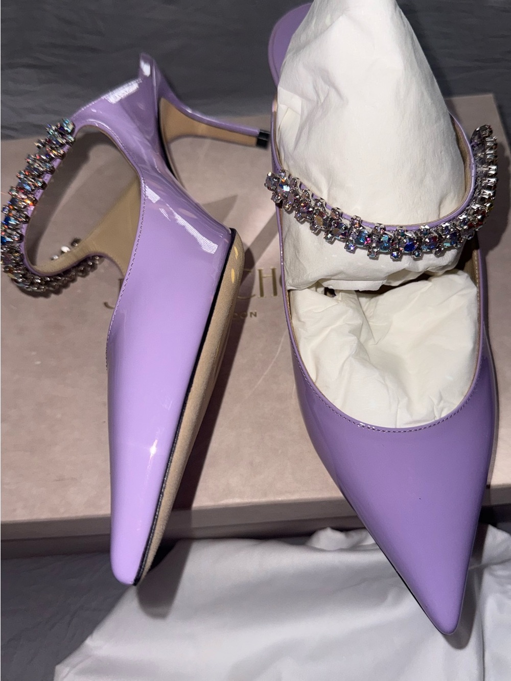 Women's Lavender Pointed-Toe Slingback Heels with Crystal Strap 65 heel
